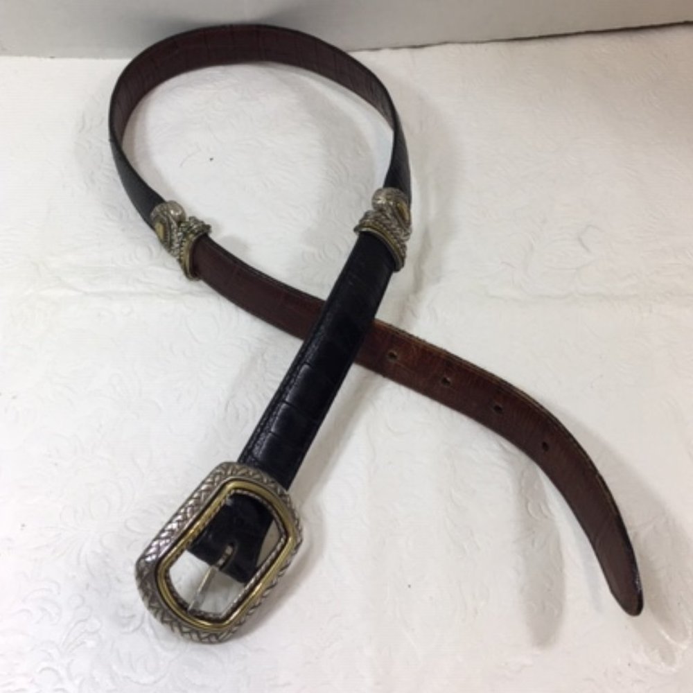 Brighton Brown Black Reversible Two-Toned Leather Croco-Look Belt Small